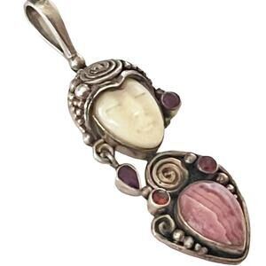 Sajen Goddess Pendant Sterling Silver Ruby Garnet Rhodochrosite Gemstones Vtg